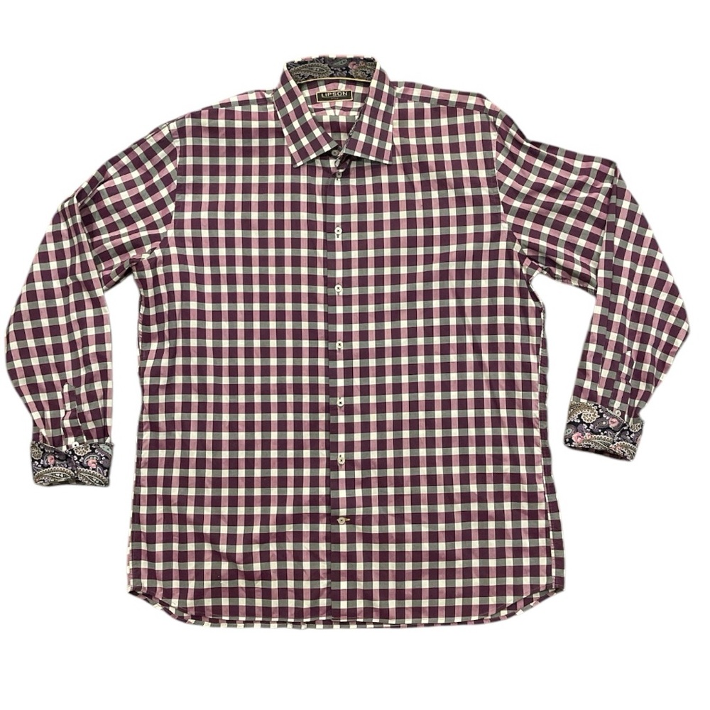 LIPSON XL (17.5) gray/purple/cream long sleeve contrasting cuff/neck shirt